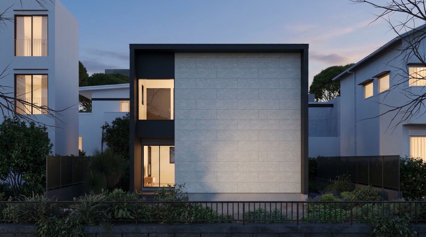 夕景のホワイトキューブ住宅の生成CG