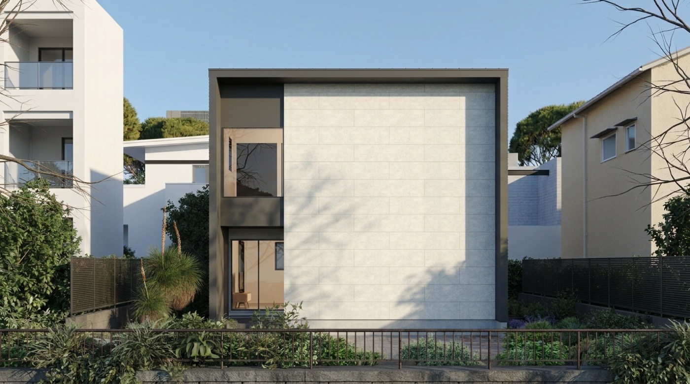 白いキューブ型デザイン住宅の生成CG